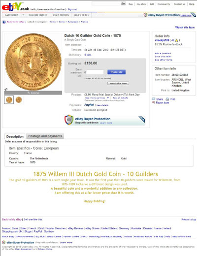 cheeky2180 eBay Listing Using our 1875 Mint Condition Dutch Gold 10 Guilder Obverse & Reverse Photographs
